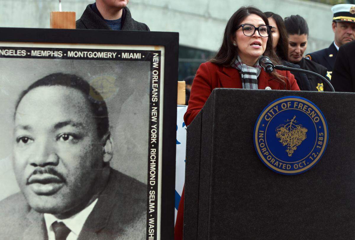 Assemblymember Esmeralda Soria, D-Fresno, spoke during the 41st annual Martin Luther King, Jr. March in front of Fresno City Hall on Jan. 20, 2025.