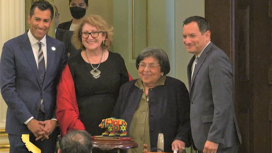 Latino Caucus Chair María Elena Durazo, Vice-Chair Robert Rivas and Speaker Anthony Rendon with Irene Tovar (Achievement in Public Service), who was recognized during the 20th annual Latino Spirit Awards on each floor of the legislature on May 2.