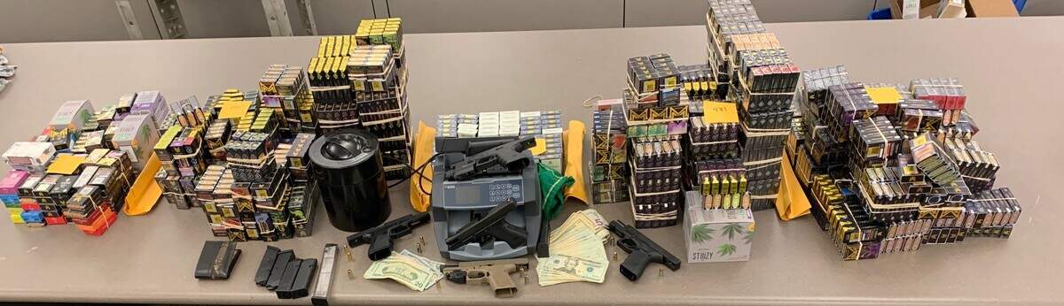 Property recovered from a home-invasion robbery in Clovis, CA, including some 1,400 vape pens.