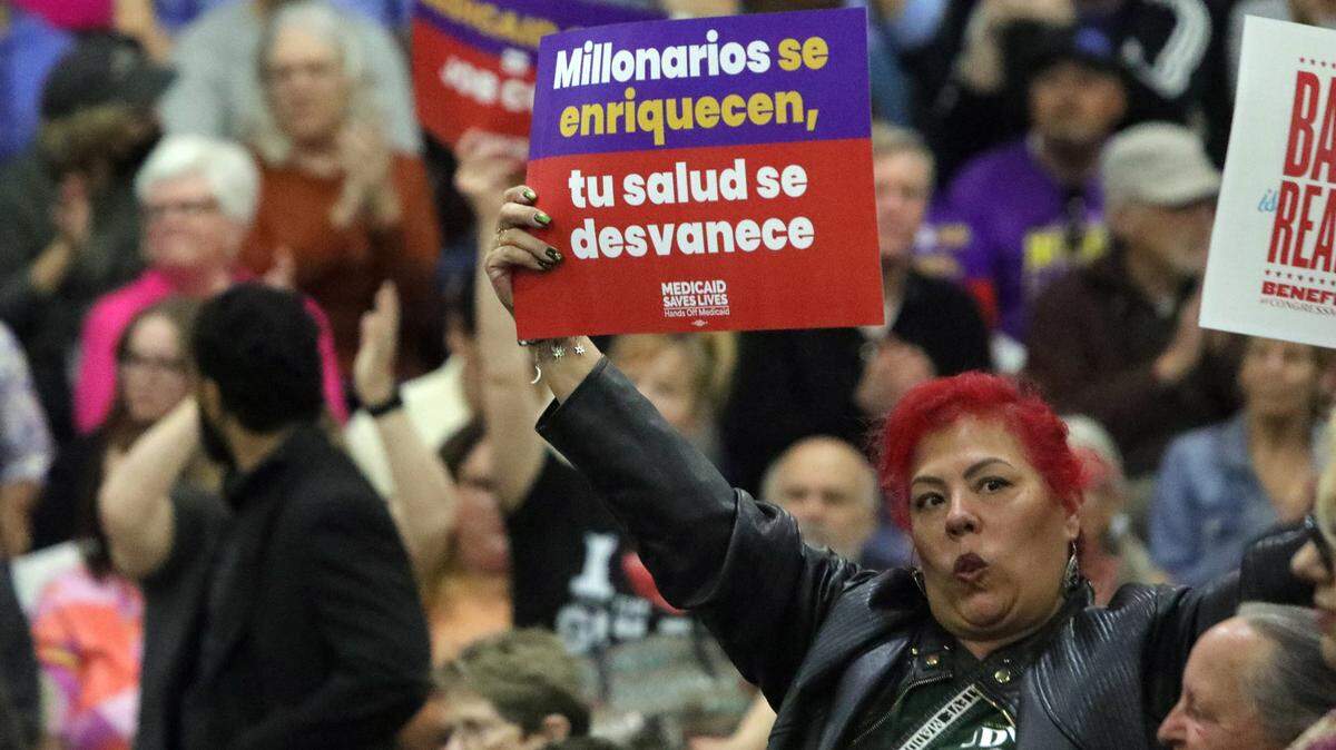 Home care worker Mónica Escalante said Rep. David Valadao should “keep his hands off Medicaid” at the Benefits Over Billionaires town hall at the Martin Luther King Jr. Community Center in Bakersfield on March 23, 2025.