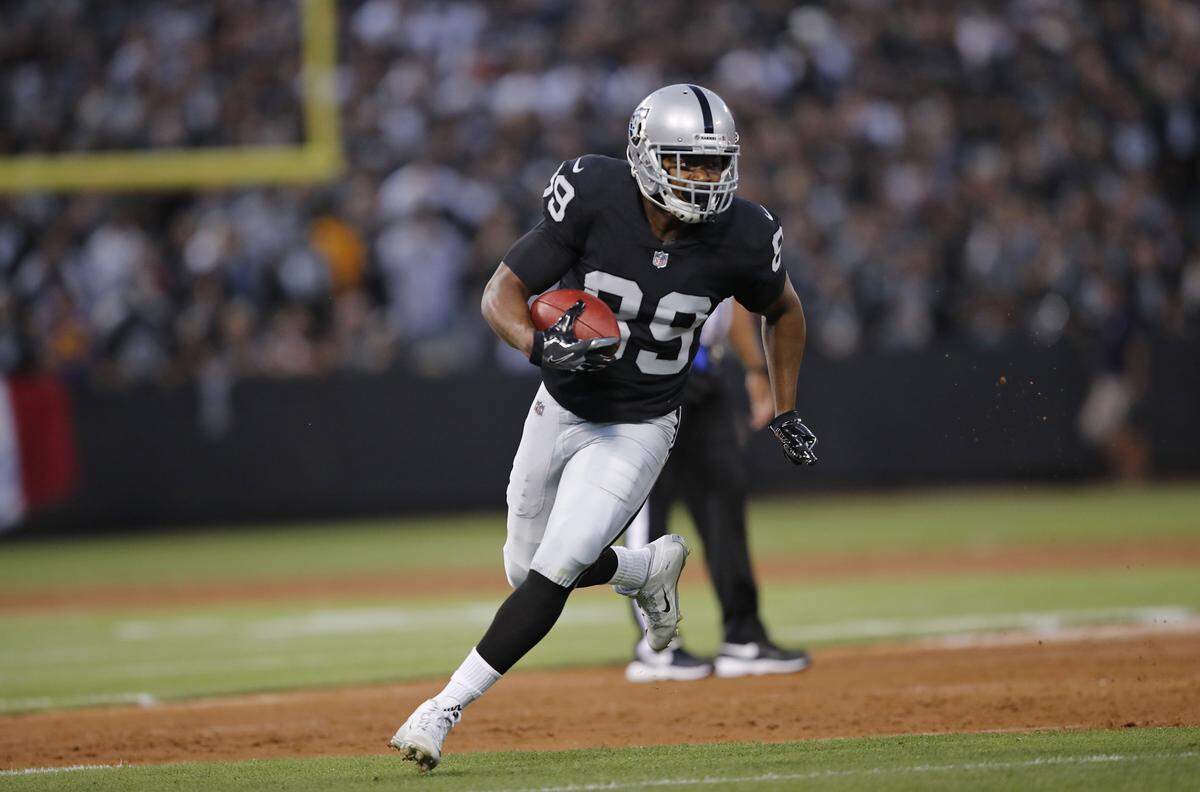 Oakland Raiders wide receiver Amari Cooper makes a catch during a 33-13 loss to the Los Angeles Rams in Oakland, Monday, Sept. 10, 2018. Cooper was traded this week to the Dallas Cowboys.