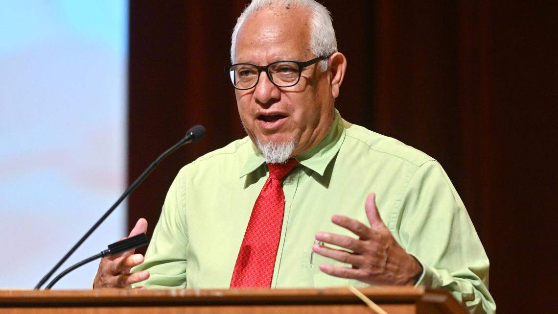 Vida en el Valle editor Juan Esparza Loera addresses the audience at the start of the Stop The Hate Townhall, held Sept. 28, 2023 at Fresno City College. He was editor for 34 years.
