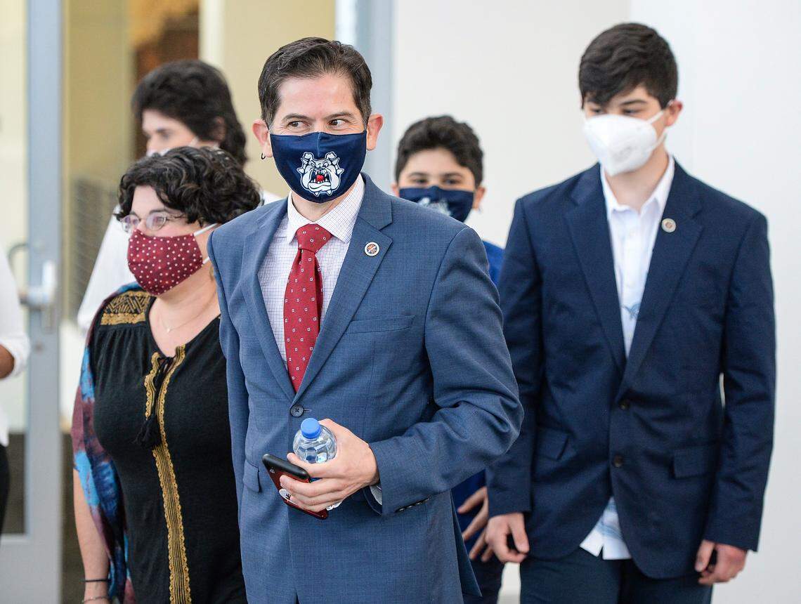 Dr. Saúl Jiménez-Sandoval arrives at the Henry Madden Library with his family before being introduced as Fresno State’s ninth president on Wednesday, May 19, 2021.