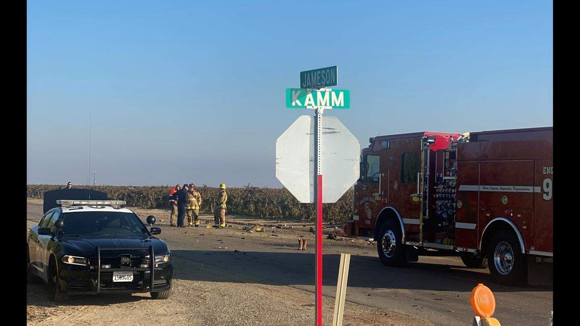 California Highway Patrol officers investigate a big rig crash where two people died Monday, Nov. 14, 2022.