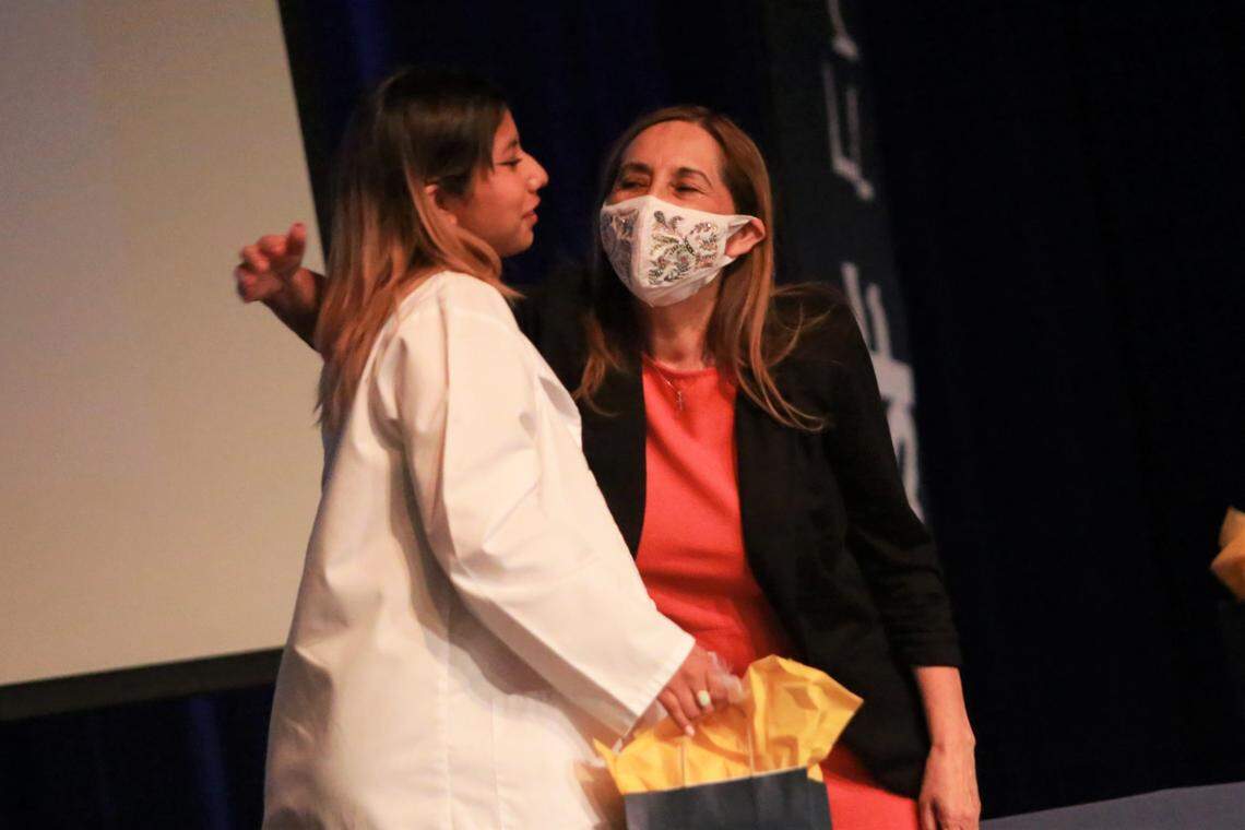Sunniside High School valedictorian Luisa Torralba with Dr. Katherine A. Flores, director of the UCSF Fresno Latino Center for Medical Education and Research during the Doctors Academy’s end of the year ceremony on May 18.