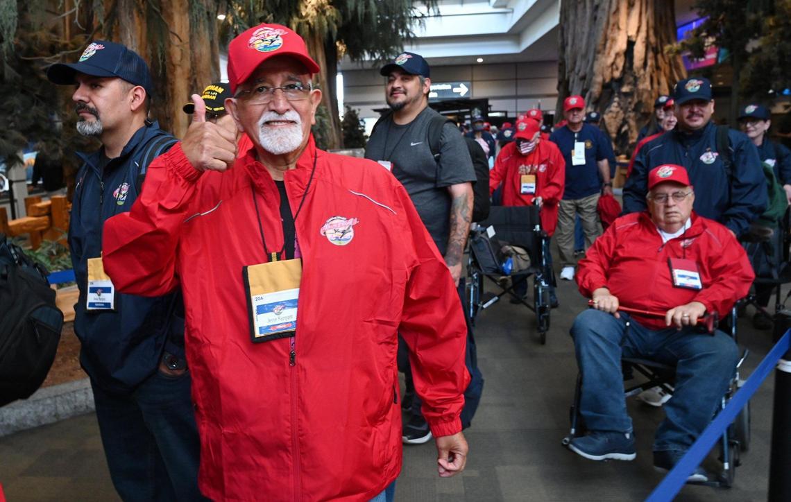 as 63 veterans prepared to board their flight for the Central Valley Honor Flight #21 Monday morning, May 16, 2022 at Fresno Yosemite International Airport.