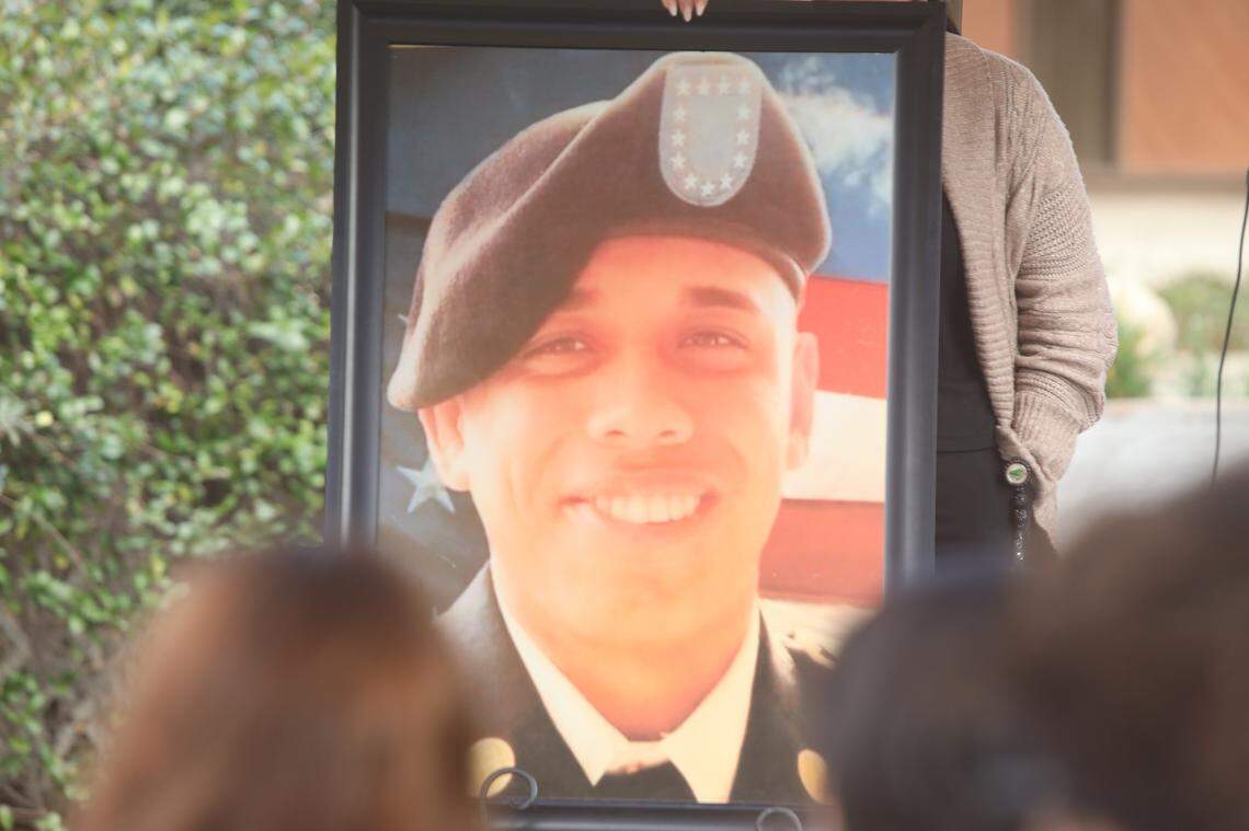 Army Specialist Juan Miguel Méndez Covarrubias was honored Wednesday, Feb. 11, for his bravery and ultimate sacrifice during a ceremony at the Kings County Government Center Courtyard with family members, state, county and community leaders to unveil the Highway 198 memorial sign to honor his memory almost six years after his death.