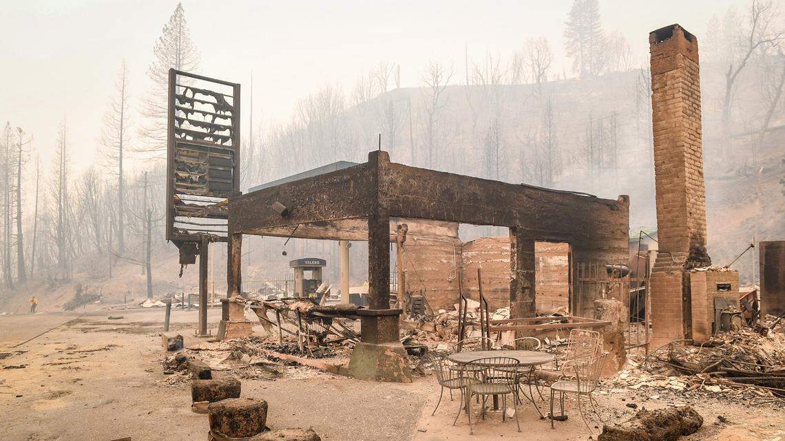 Cressman’s General Store and Gas Station at the top of the four-lane on Highway 168 and west of Shaver Lake in ruins after the Creek Fire swept through the area, on Tuesday, Sept. 8, 2020.