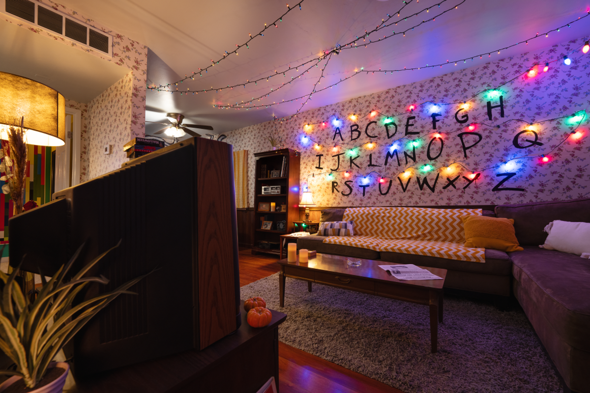The living room of a “Stranger Things”-themed home in Clovis features references to the hit Netflix show.