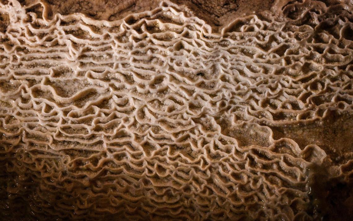 Calcium carbonate formations appear in the fairy pools of Crystal Cave where visitors can once again see inside the ancient cave after it’s reopening following years of being closed.