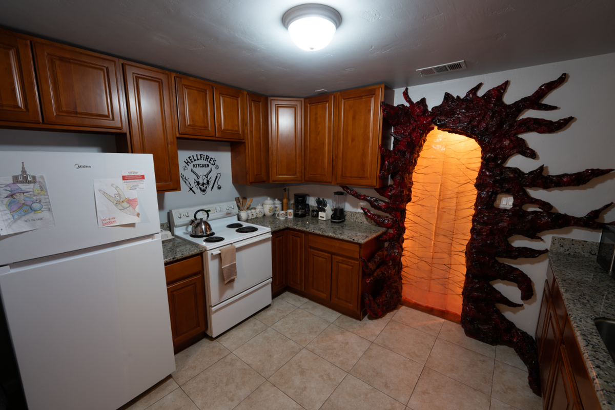 The kitchen of a “Stranger Things”-themed house in Clovis features multiple references to the hit Netflix show.