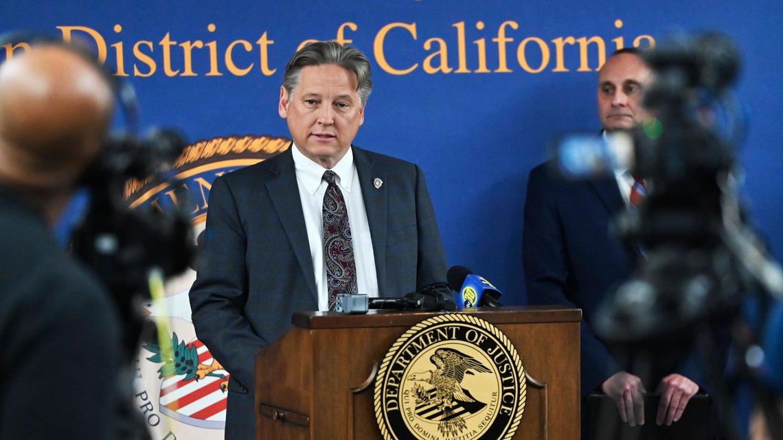 U.S. Attorney Phillip A. Talbert, center, and others announce federal charges against the founders and co-CEOs of Bitwise Industries at a press conference Thursday afternoon, Nov. I, 2023 in Fresno.