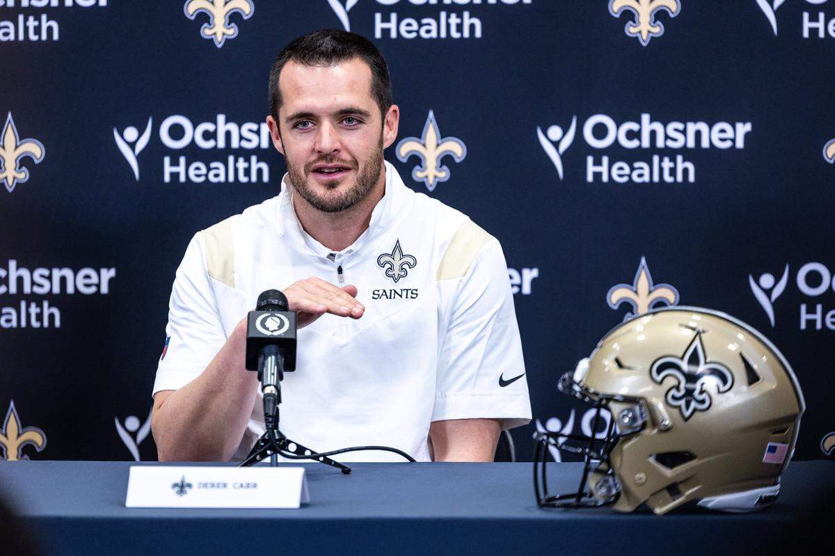 New Orleans Saints quarterback Derek Carr speaks at Ochsner Sports Performance Center in New Orleans on Saturday, March 11, 2023.
