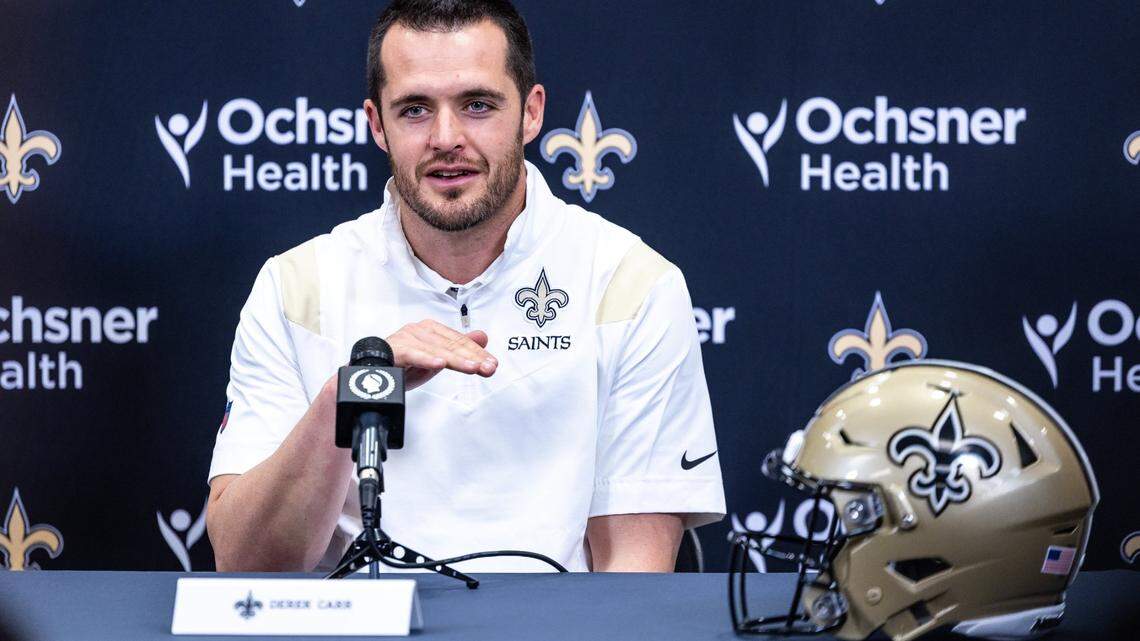 New Orleans Saints quarterback Derek Carr speaks at Ochsner Sports Performance Center in New Orleans on Saturday, March 11, 2023.