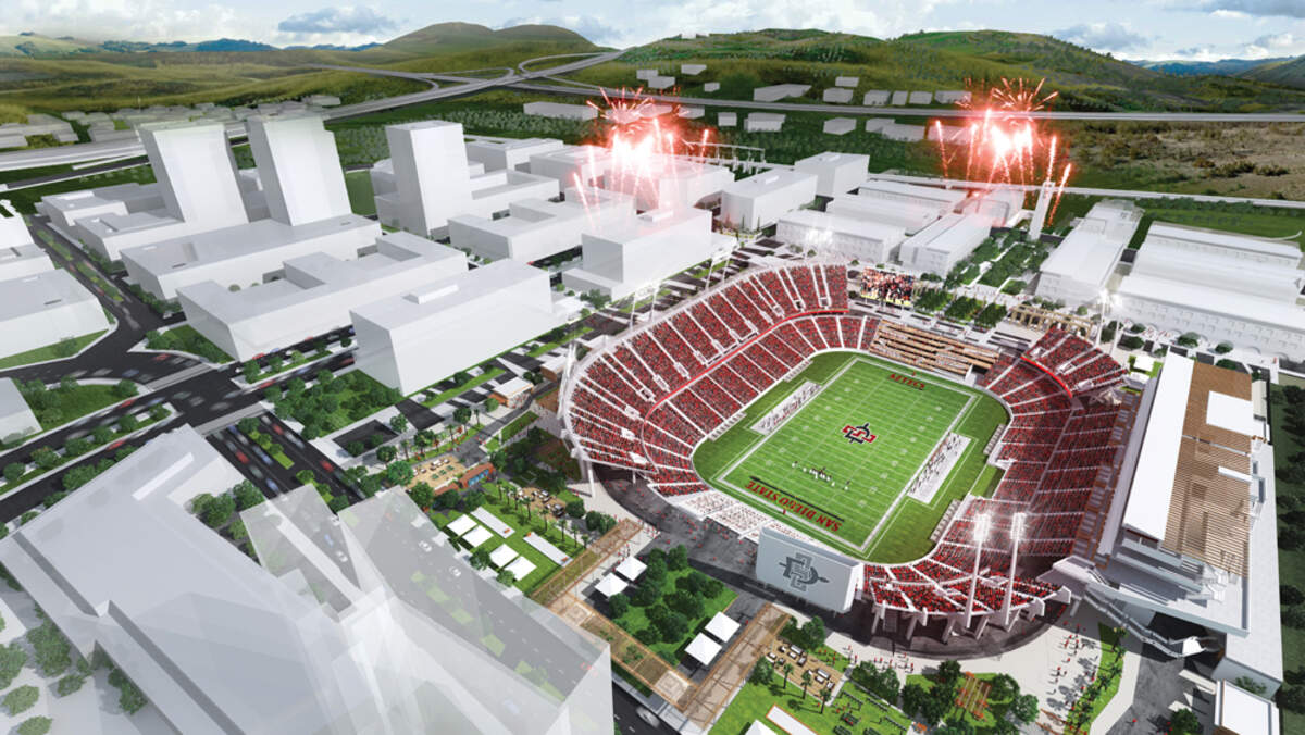 A rendering of San Diego State’s new stadium in Mission Valley planned to open in 2022.