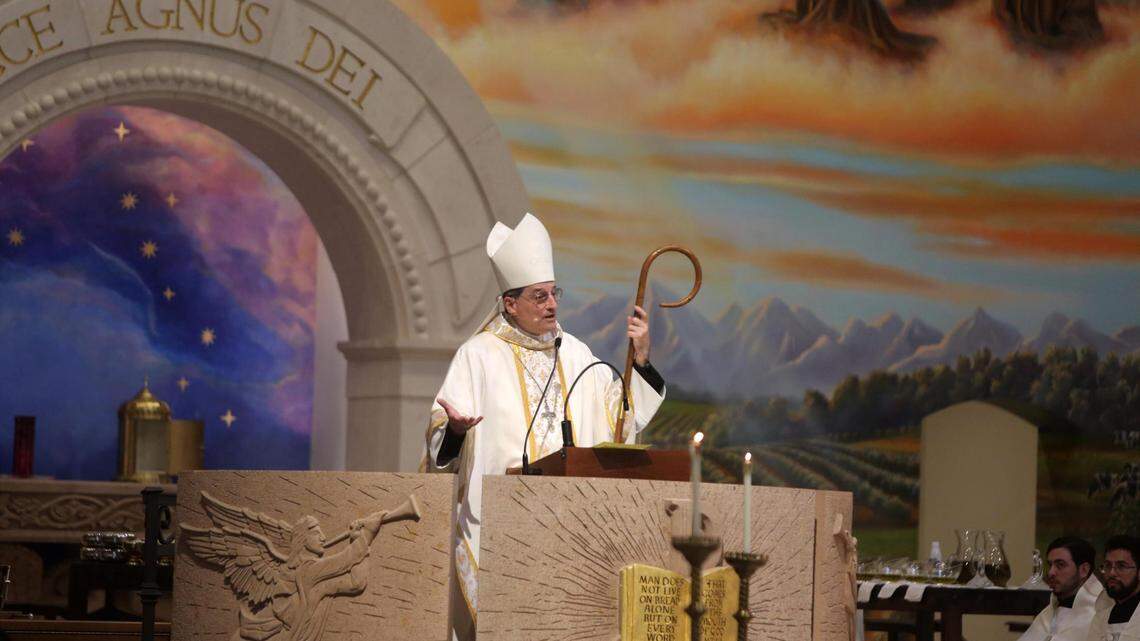 Fresno Diocese Bishop Joseph V. Brennan, during the mass dedication of St. Charles Borromeo in Visalia on Feb. 2, 2023. It is now North America’s largest Catholic parish church.
