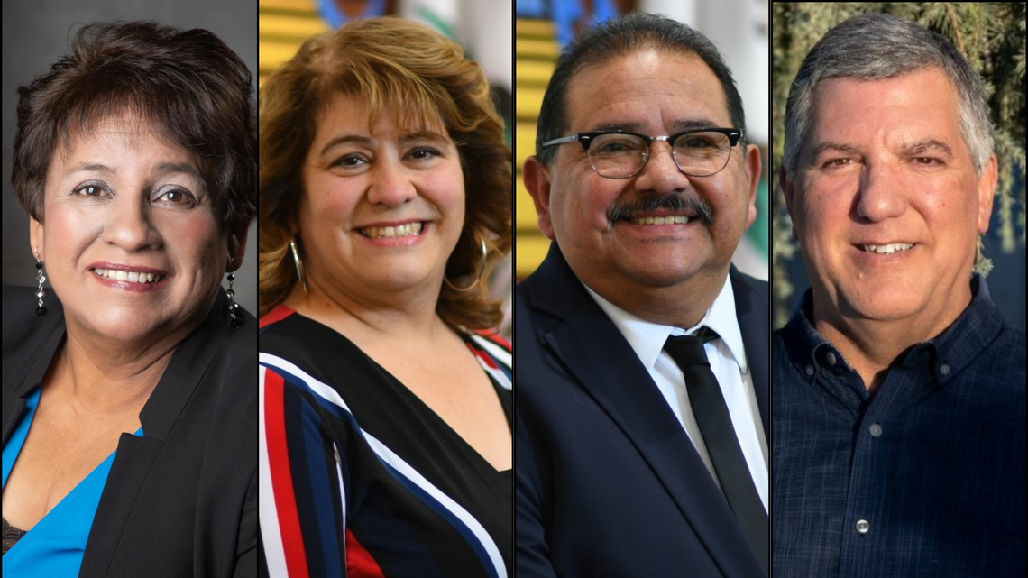 The four candidates running for Madera mayor in the November 2024 election are pictured from left to right: Madera Unified Trustee Lucy Salazar, City Councilmember Cece Gallegos, Mayor Santos Garcia and government revenue consultant Wayne Padilla.