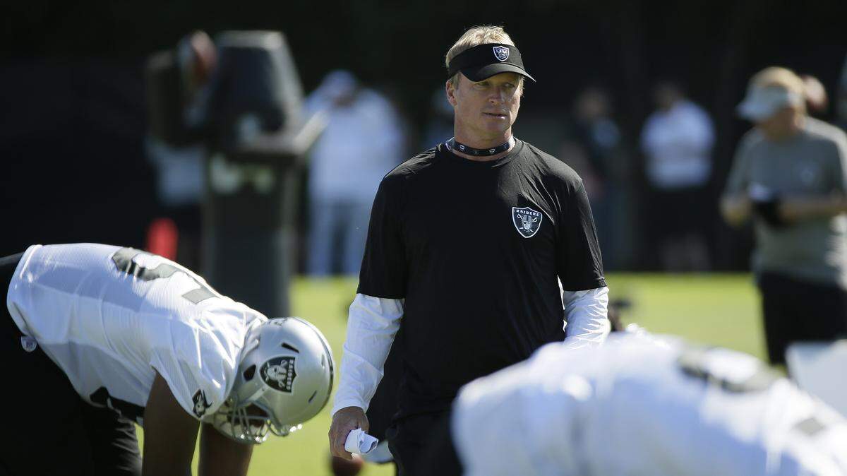 Oakland Raiders head coach Jon Gruden during NFL football practice in Napa, Calif., Friday, July 27, 2018.