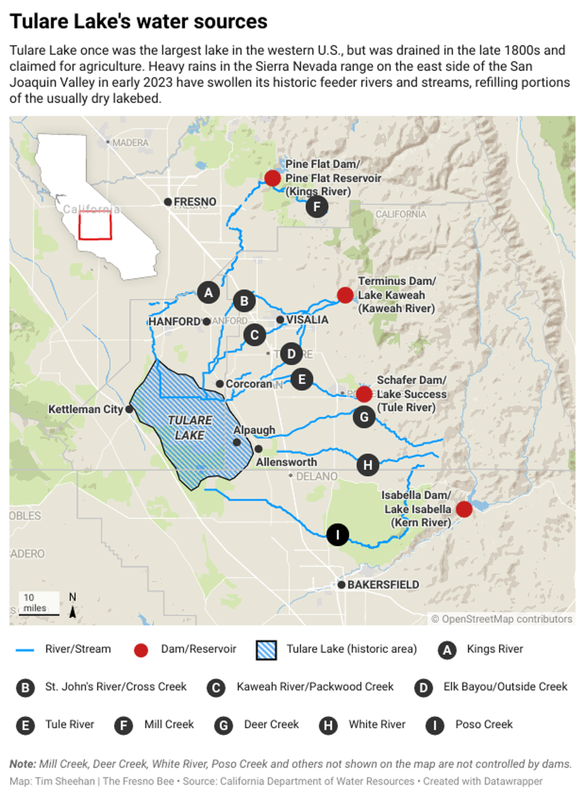 Map showing the various rivers and streams that flow into the Tulare Lake basin.