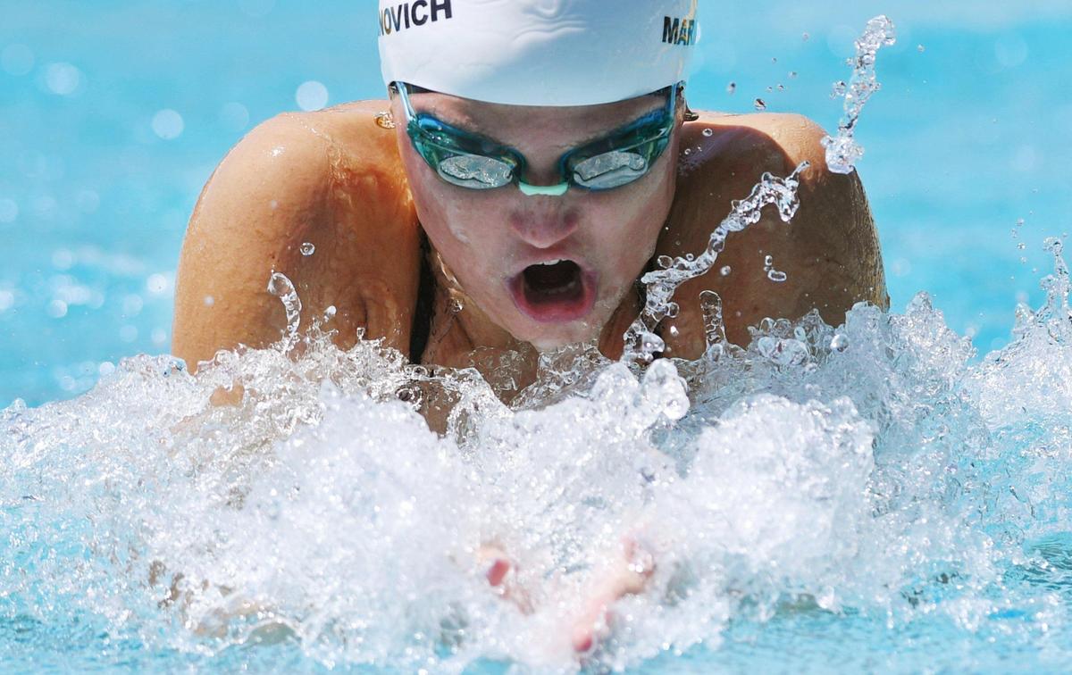 Clovis West’s Hannah Marinovich Swimmers competes in the Girls 100 Yard Breaststroke at the Clovis West Invitational Saturday, April 15, 2023 in Fresno. Clovis Unified’s Olympic Swim Complex at Clovis West opened this week after being closed almost a year for renovation and construction.