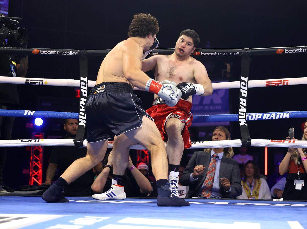 Richard Torrez Jr. and Marco Antonio Canedo exchange punches during their heavyweight fight at Hard Rock Hotel & Casino Tulsa on Aug. 27, 2022 in Catoosa, Okla.