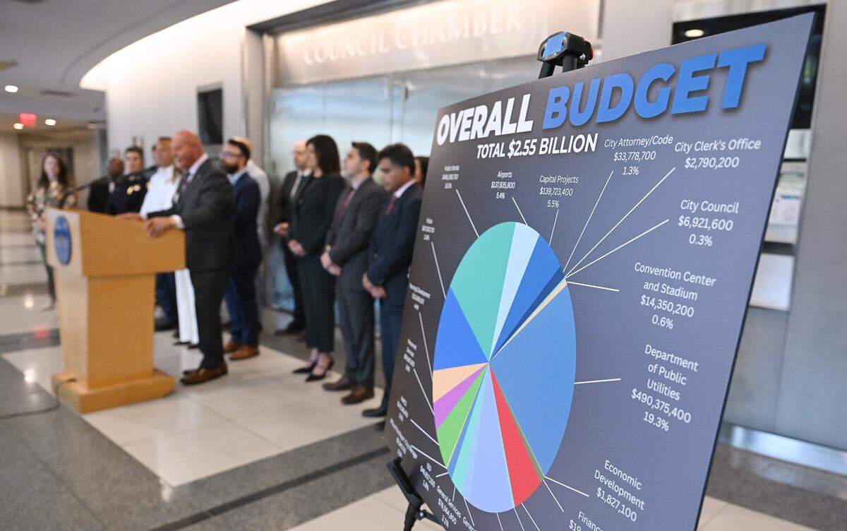 Mayor Jerry Dyer, far left, presents the Fresno City 2027 budget to the media during a press conference Wednesday, May 13, 2026 in Fresno.