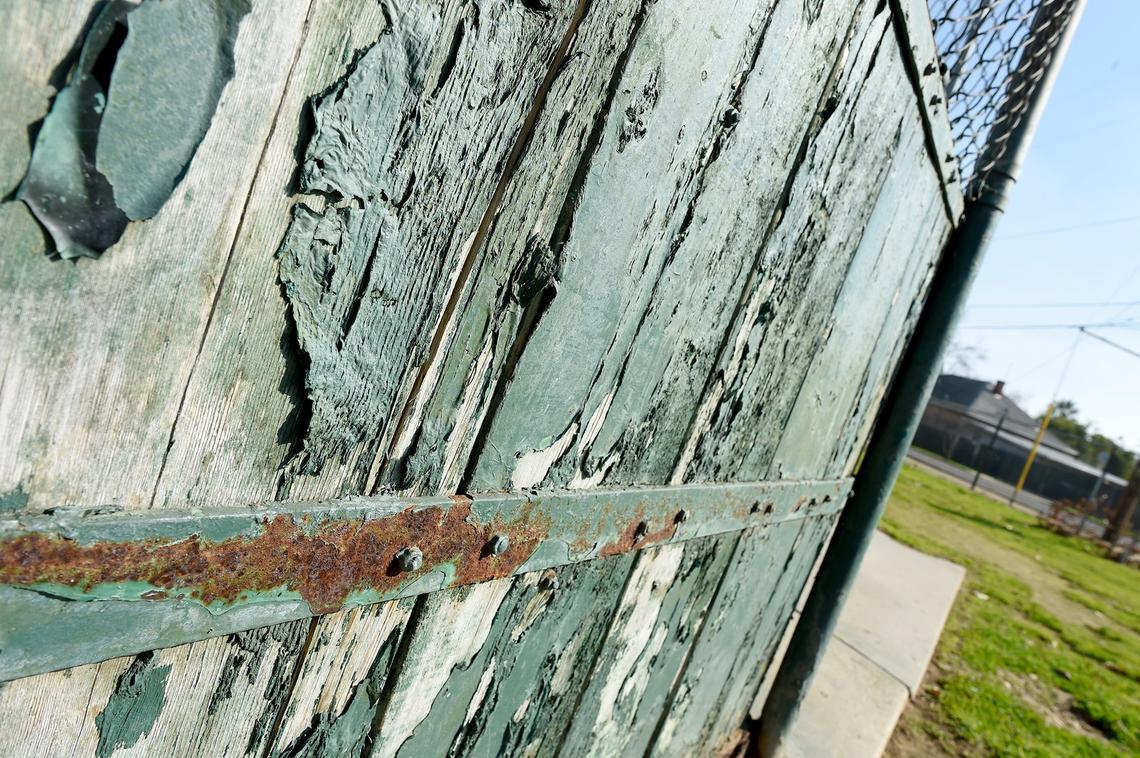 Rusted and peeling paint backstop of a Romain Playground baseball diamond, Tuesday Jan. 24, 2019.