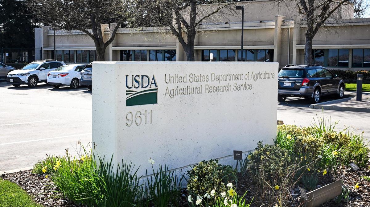 A sign stands outside the USDA Agriculture Research Sciences Center in Parlier on Wednesday, Feb. 26, 2025. About a dozen scientists and researchers have been let go at the center as a result of the Trump administration’s efforts to downsize the federal government.