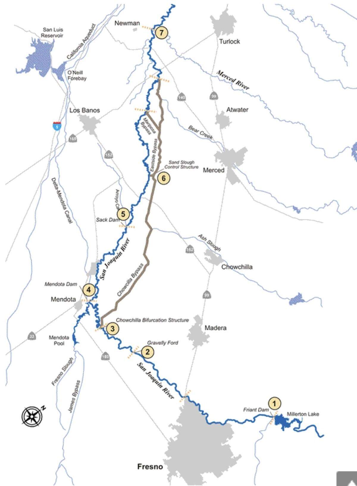 Map of the San Joaquin River Restoration Program from Friant Dam to the Merced River confluence near Newman.