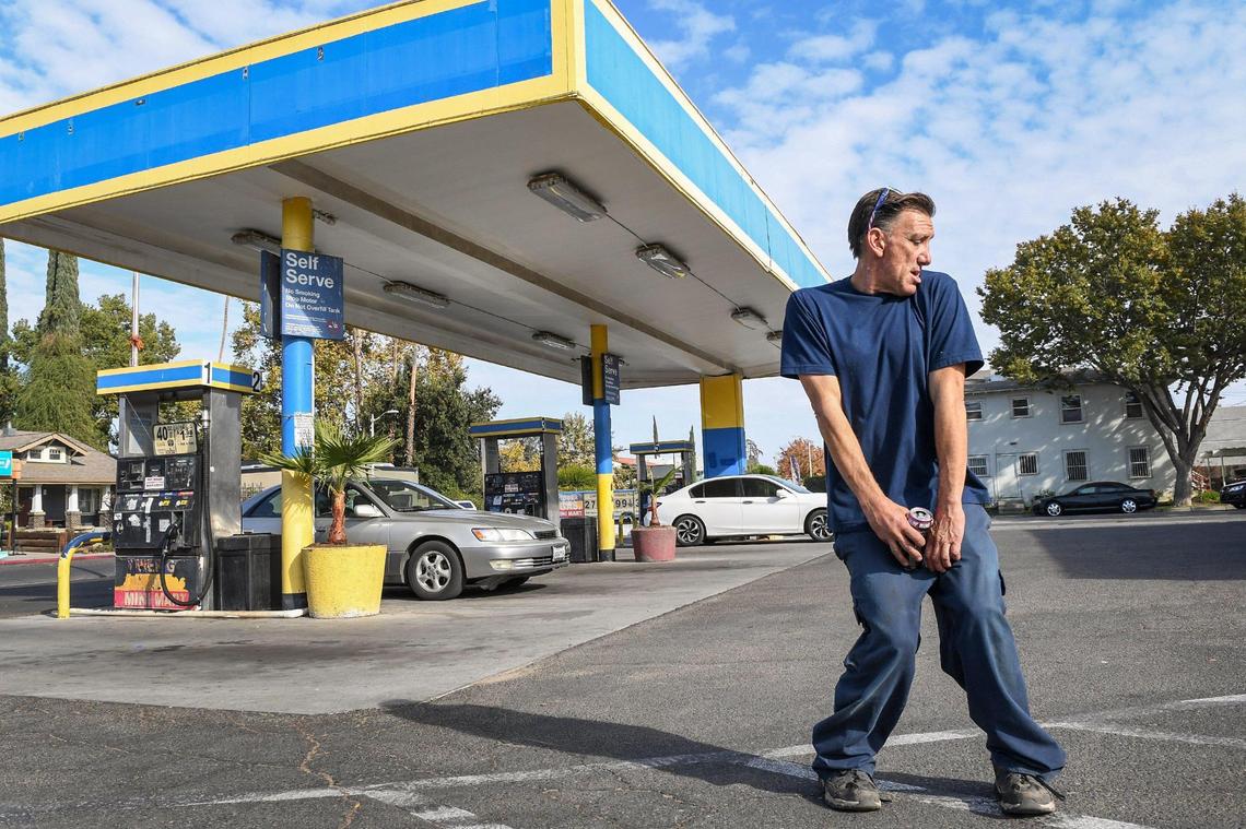 Chris Koch shows off his dance moves outside Tower Gas & Mini Mart on Thursday, Nov. 12, 2020. Akram Mohsin, who works at the family business, captured Koch dancing and shared it on social media which eventually went viral. Since then followers have been contributing money and clothing to help the homeless.