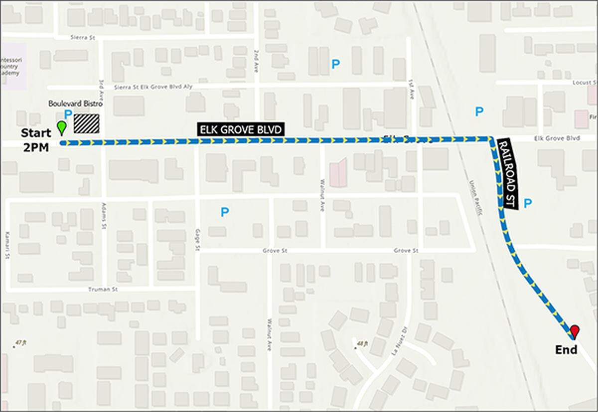 A map showing the route and parking availability for a parade to salute 2021 NASCAR Champion Kyle Larson at 2 p.m. Monday, Nov. 22, 2021, at Old Town Plaza in downtown Elk Grove, Calif.