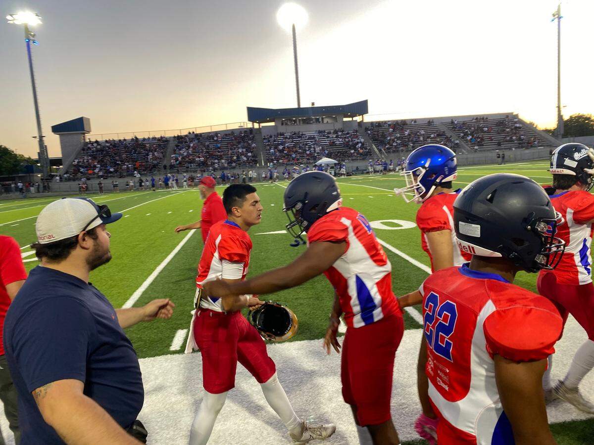 Justin Brewington of Hoover High is greeted by City teammates during the City/County All-Star game on Friday, June 20, 2025.