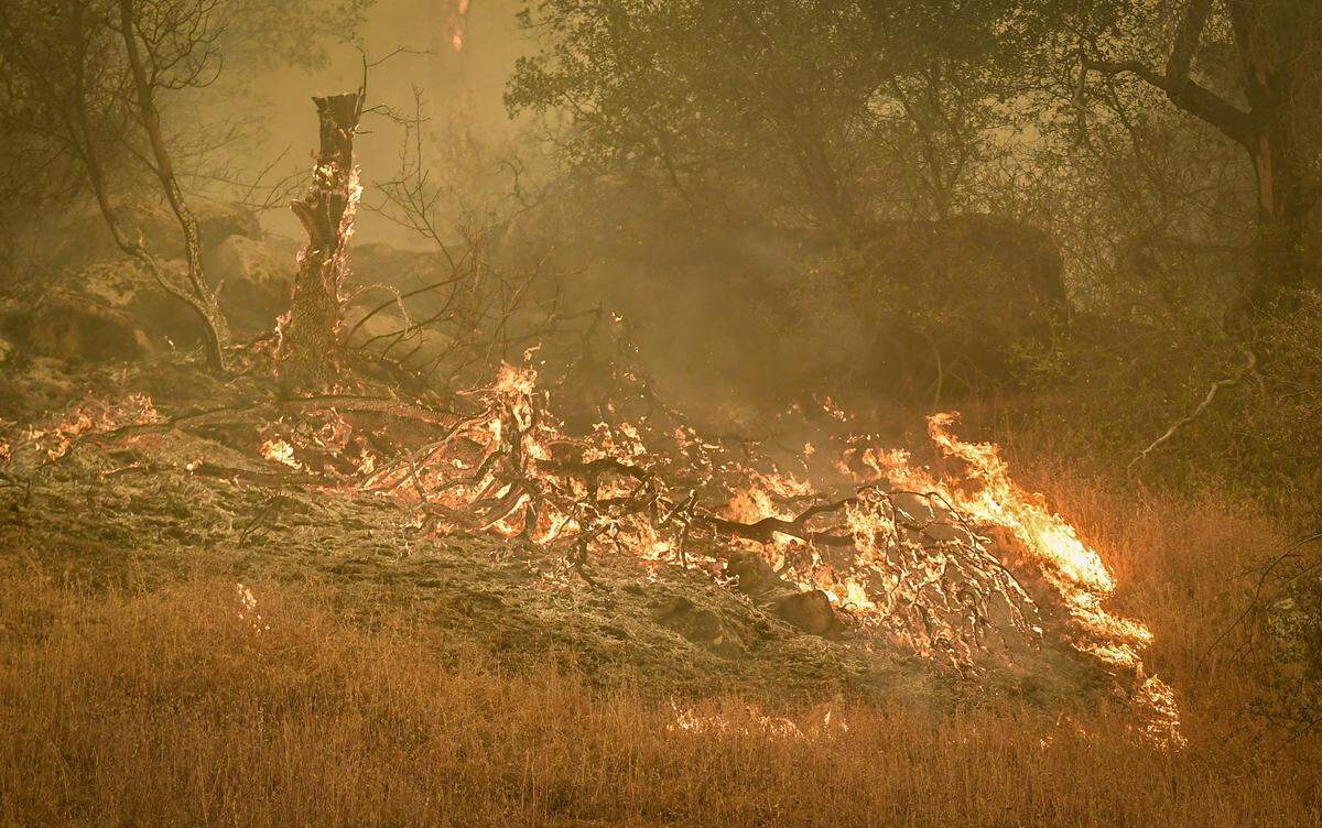 Fire creeps down a hillside near Minarets Road near the Cascadel Woods area east of North Fork on Thursday, Sept. 10, 2020. The weather has helped with the firefighting efforts on the Creek Fire with far less wind and an inversion layer calming down fire activity.