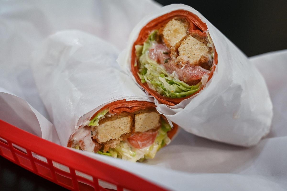 A special order, a vegan chicken ranch wrap, was made by comfort food vegan restaurant Plant Slayer. It’s now open in The Galleria in downtown Fresno. Photographed on Wednesday, Aug. 10, 2022.