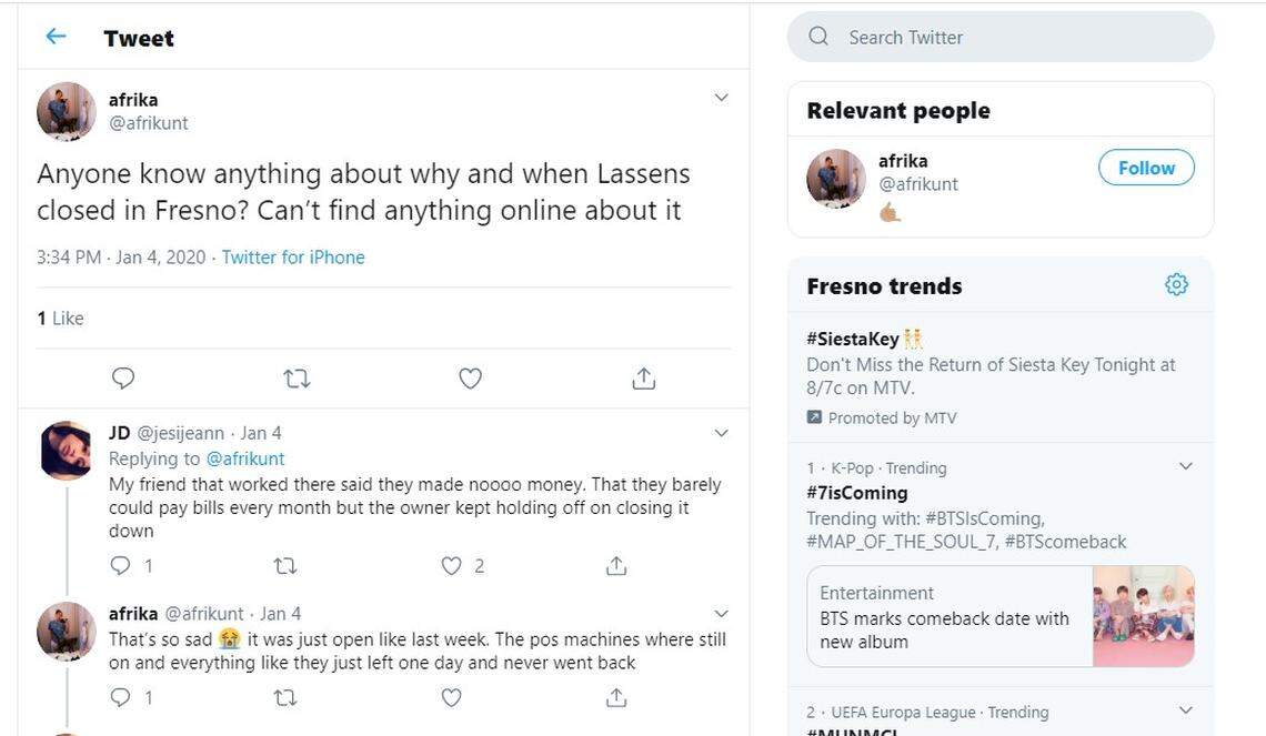 Customers on Twitter were mourning the closure of Lassens Natural Foods & Vitamins in north Fresno.