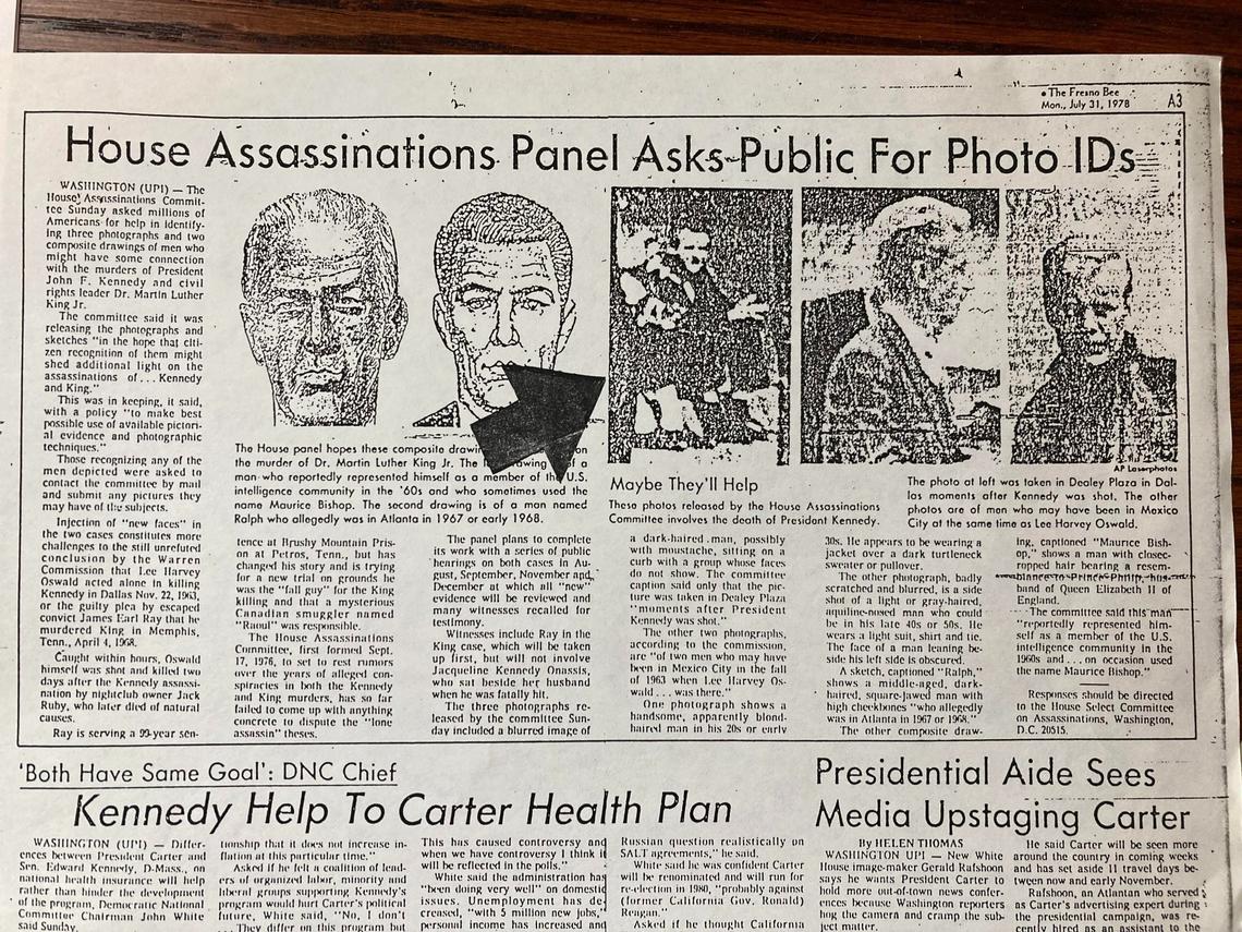 This article in the July 31, 1978 Fresno Bee shows a photo of Claude Barnes Capehart, who may have been an CIA asset present at the assassination of President John Kennedy. Capehart was living in Chowchilla when this article was published. Its printing forced him into hiding, says Fresno writer David Minier.