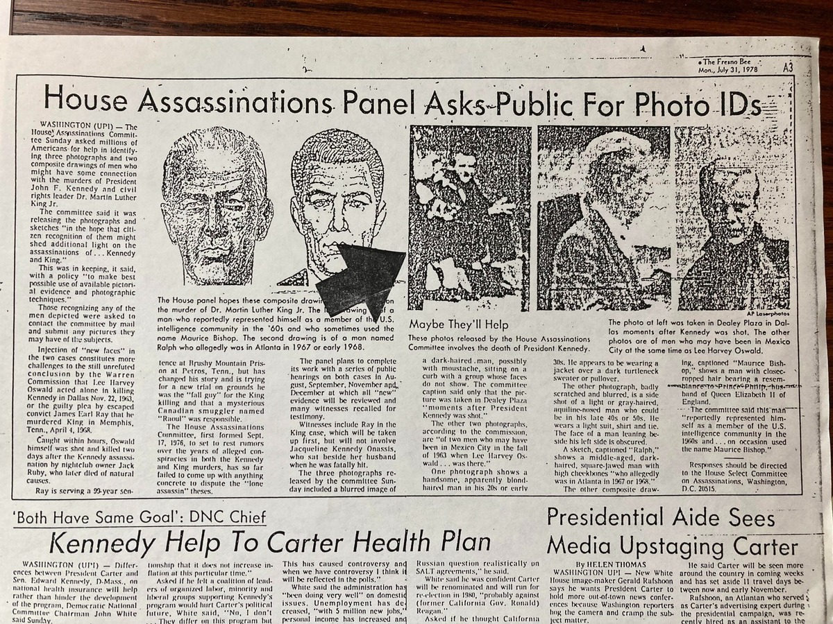 This article in the July 31, 1978 Fresno Bee shows a photo of Claude Barnes Capehart, who may have been an CIA asset present at the assassination of President John Kennedy. Capehart was living in Chowchilla when this article was published. Its printing forced him into hiding, says Fresno writer David Minier.
