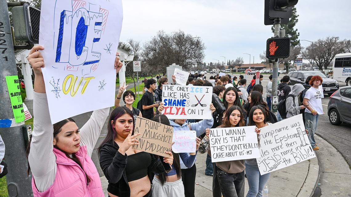 Students from Clovis Unified schools hold signs while protesting ICE enforcement on the corner of Shaw and Clovis avenues on Tuesday, Feb. 10, 2026. Several hundred students from area high schools and even Clark Intermediate were expected to attend the protest throughout the day.