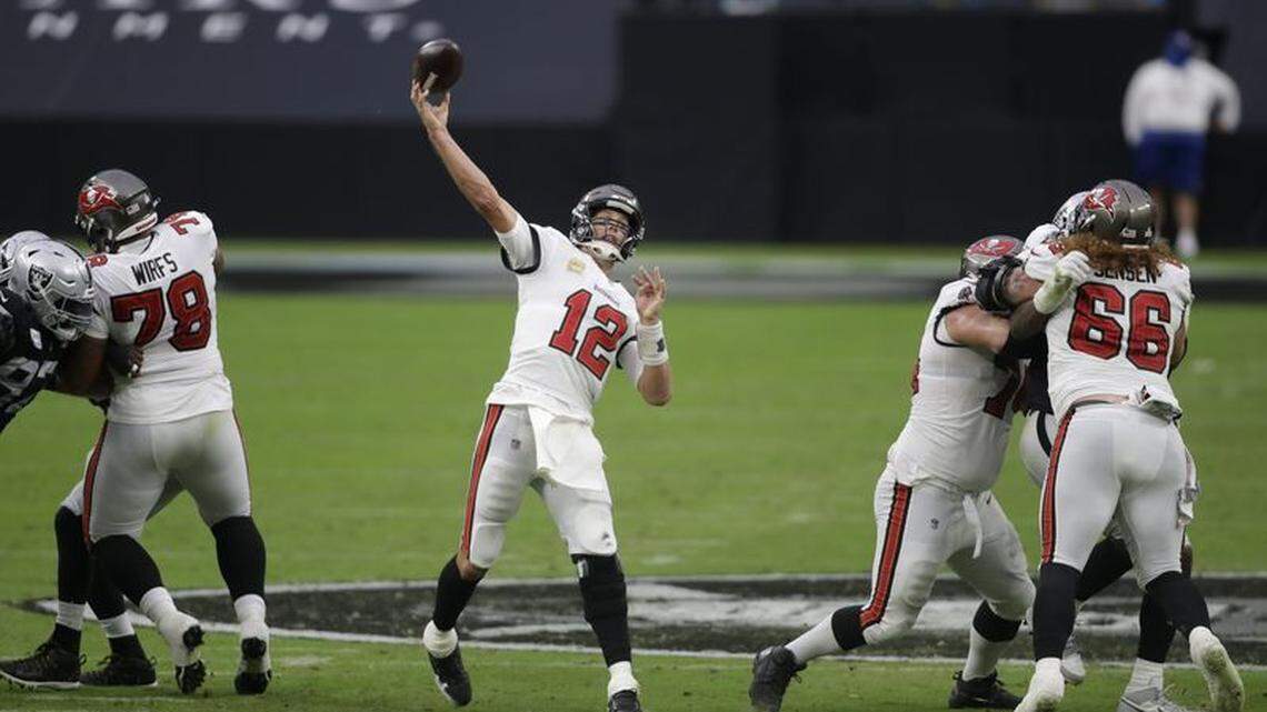 In a file photo, Tom Brady threw four touchdown passes against the Las Vegas Raiders during their 45-20 win on Sunday, Oct. 25, 2020, in Las Vegas.