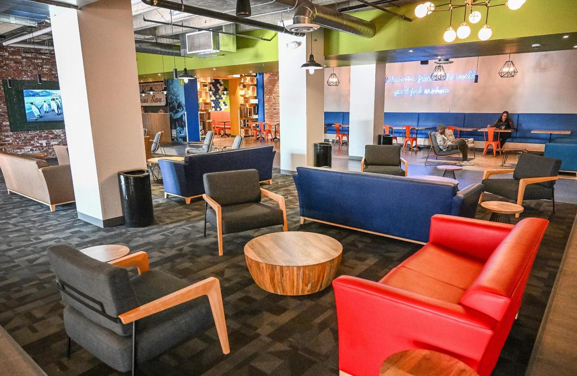 A comfortable guest lounge greets visitors in the lobby at the Fresno Mission City Center near Blackstone and Dakota in Fresno on Tuesday, Dec. 11, 2024. The facility is designed to help people overcome various crises with resources, information and shelter.