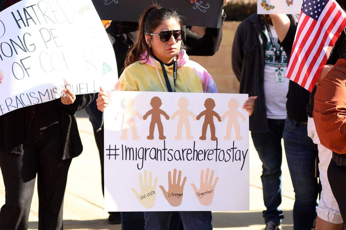 A broad coalition of immigrant rights, legal and community organizations during a press conference at the Federal Building in downtown Fresno on Nov. 8, 2024, to share their reactions to election outcomes as well as commitments to protect vulnerable communities.