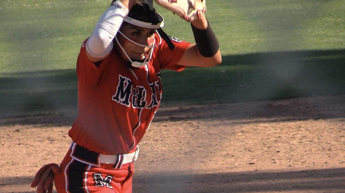 McLane pitcher Arianna Hernandez about to throw a pitch against San Luis Obispo. The Highlanders defeated the Tigers 7-0 in a Central Section Division V quarterfinal game on Tuesday, May 20, 2025.