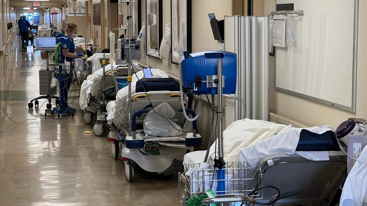 Emergency department patients held in hallway at St. Agnes Medical Center in Fresno, California, on Jan. 28, 2023.