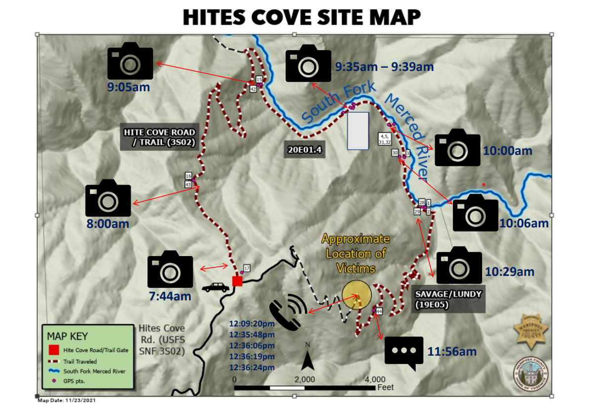 A timeline of the Gerrish-Chung family’s day hike on Aug. 15, 2021, shared by the Mariposa County Sheriff’s Office.