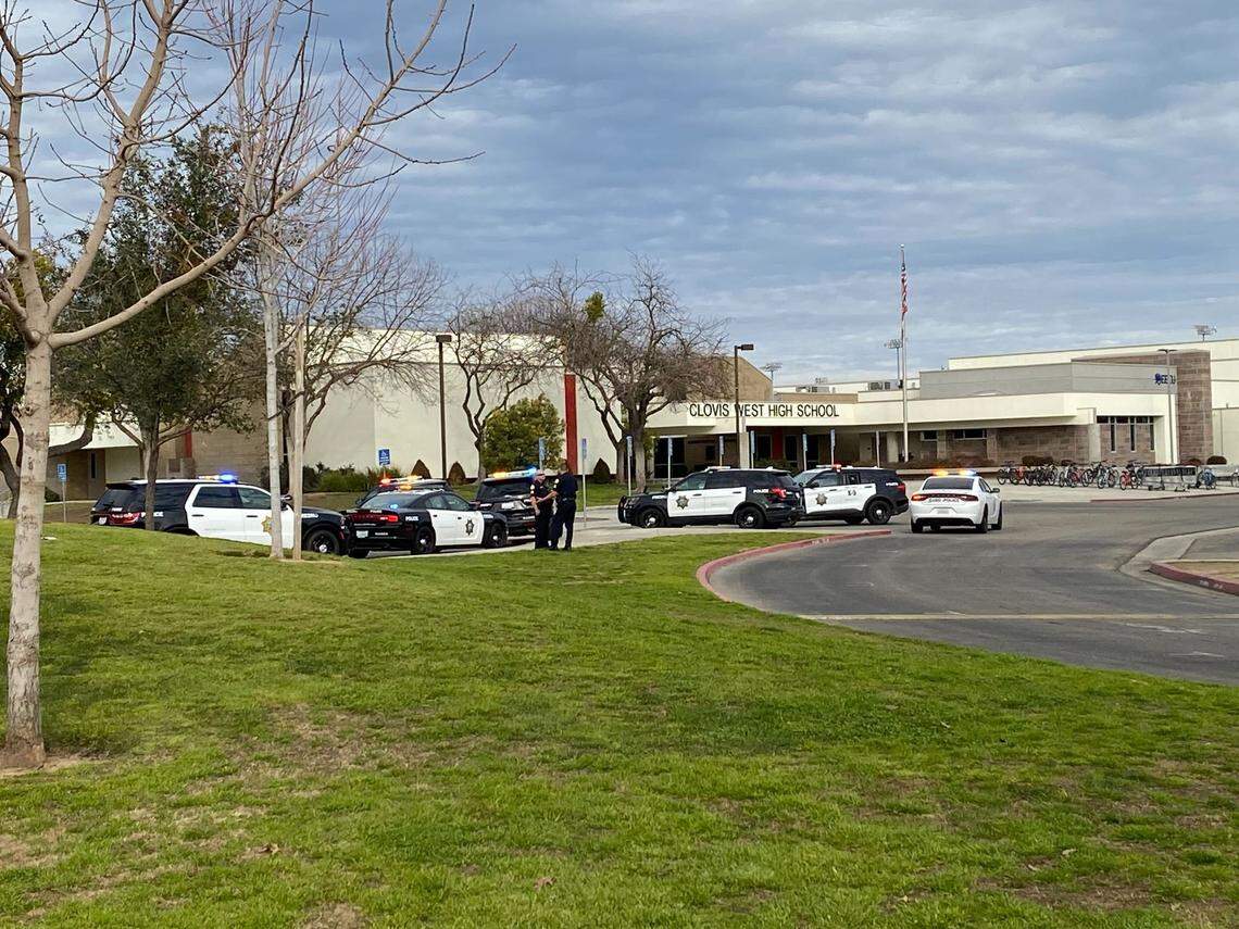Fresno police officers respond to Clovis West High School in Fresno, California, on Friday, Feb. 3, 2023.