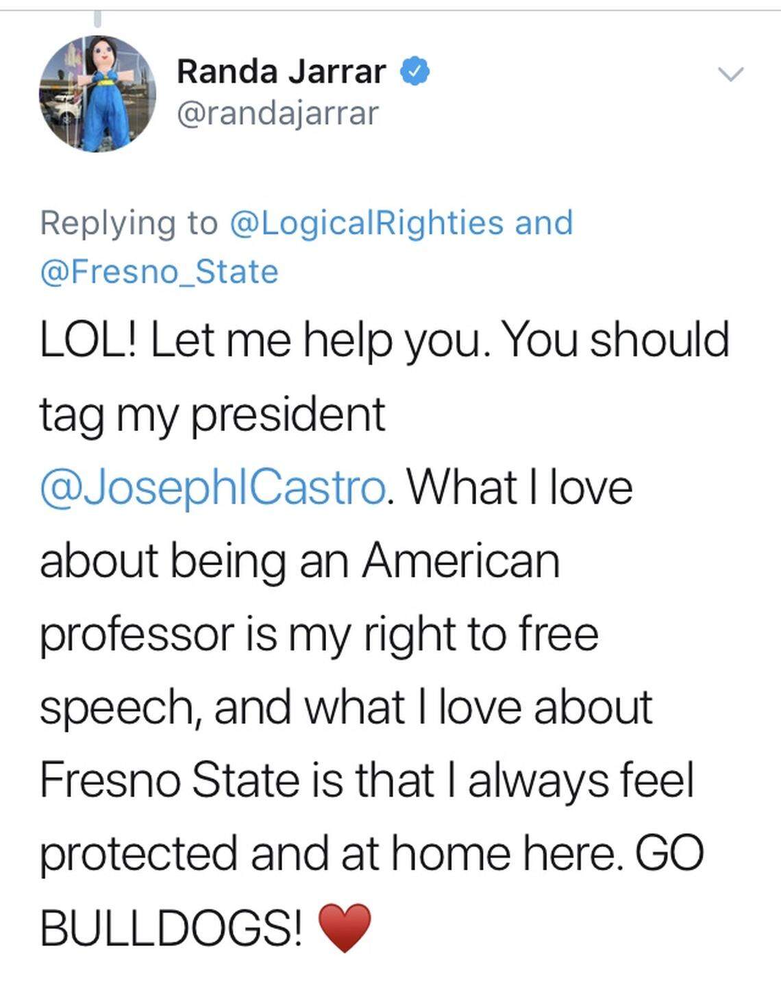 Randa Jarrar said she's a tenured professor at Fresno State and can't be fired. She encouraged those who were upset at her to reach out to the university and Fresno State president Joseph Castro