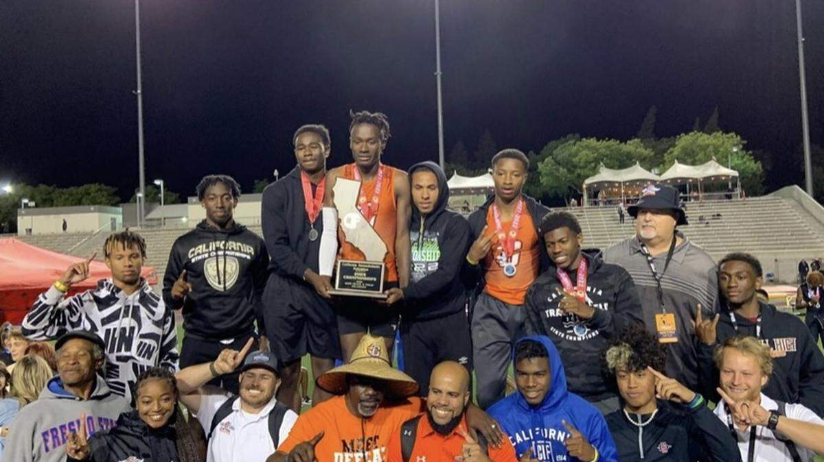 Central High boys team celebrates a state track and field title on Saturday, May 28, 2022.