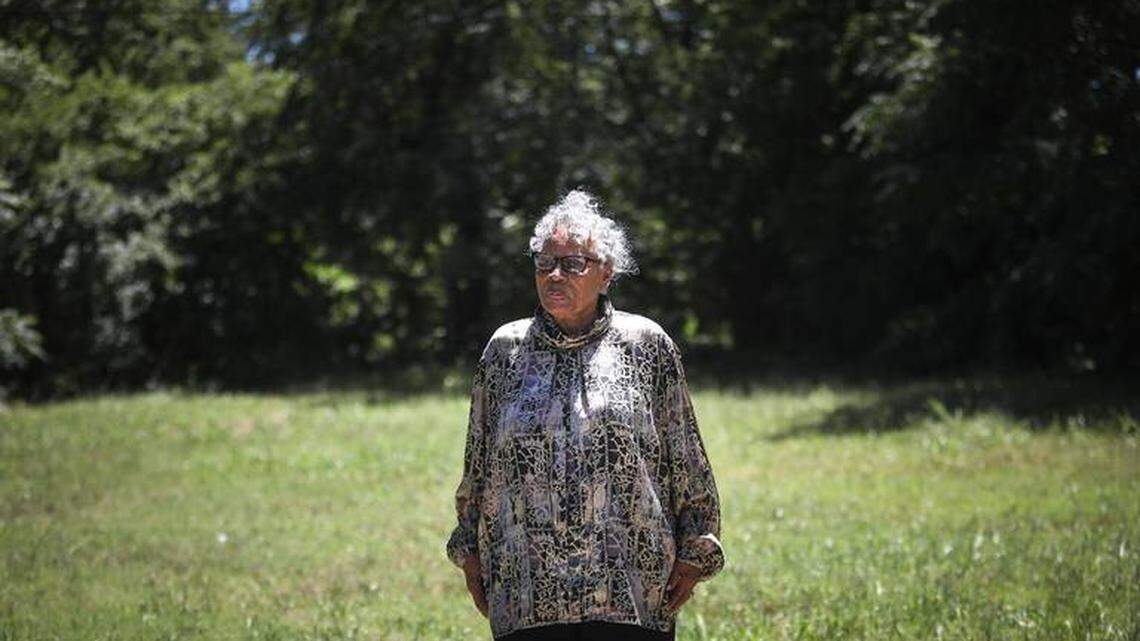 Opal Lee, 93, stands in front of the East Annie Street lot where white rioters attacked, invaded and burned her family’s home in Fort Worth, Texas in 1939. Lee is a cousin of Francine Oputa of Fresno.