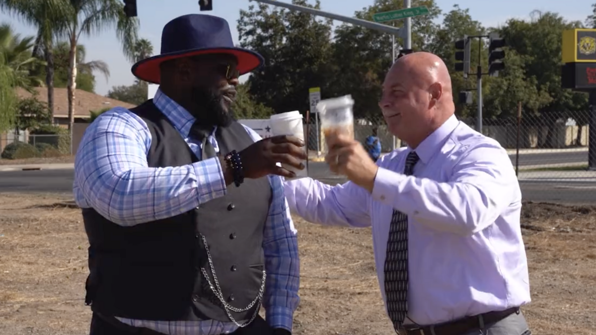 Pastor. D. J. Criner (left) and Fresno Mayor Jerry Dyer announced Wednesday night that a Starbucks will be built in southwest Fresno with a tentative open date in 2024.