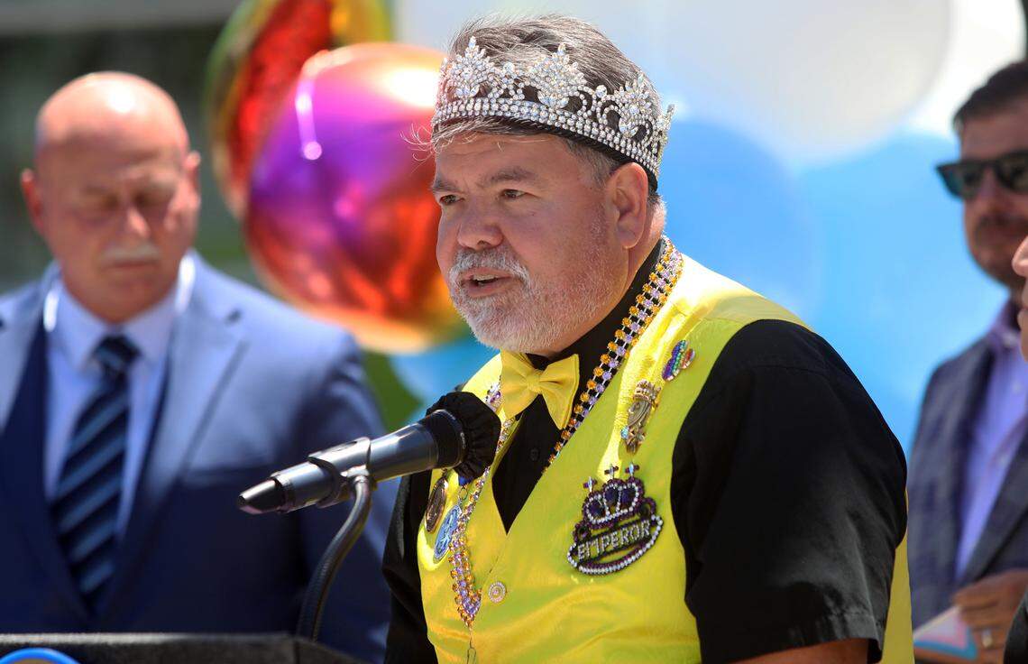 Emperor 49 Christopher Too of Imperial Dove Court de Fresno, the oldest LGBTQ nonprofit in Fresno and the entire San Joaquin Valley., was was honored by Fresno City Councilmember Esmeralda Soria. He wants to raise $50,000 this year for his organization. He spoke during a noontime ceremony at Fresno City Hall on June 10, 2022.